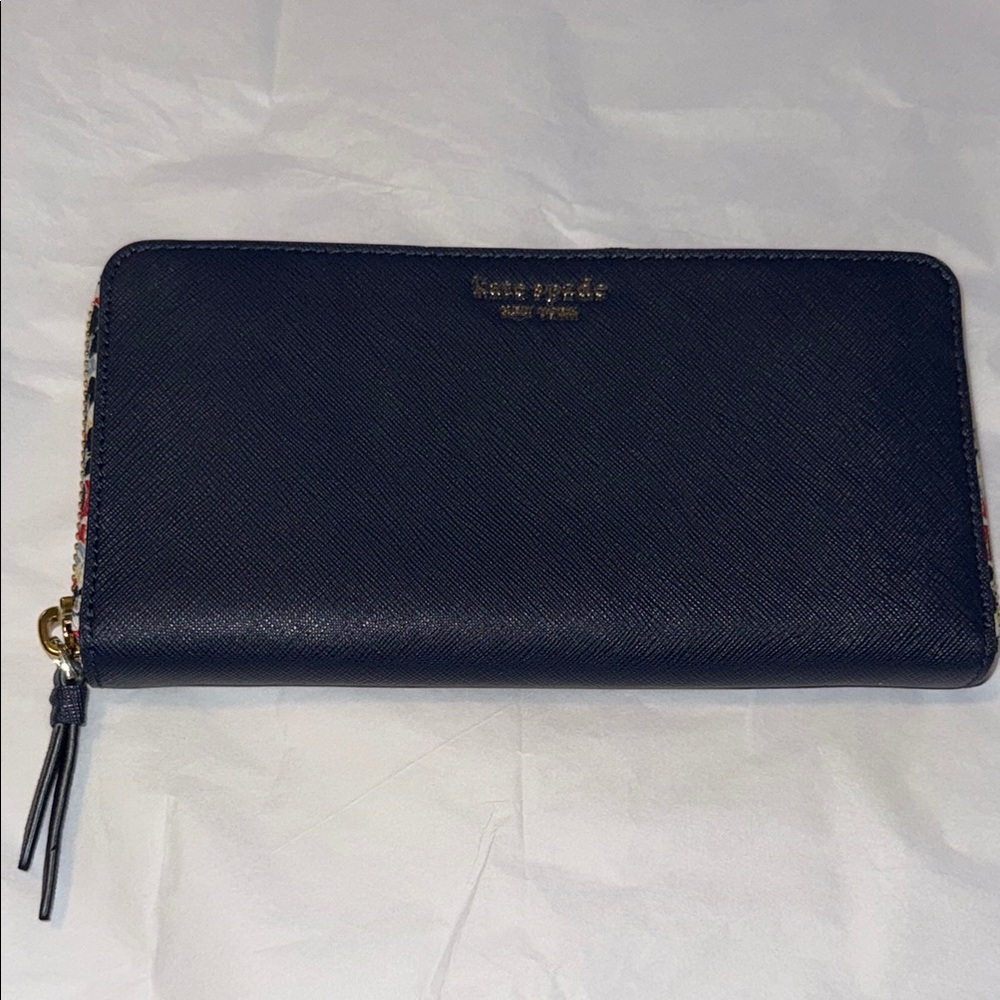 NWOT-Kate Spade Navy Blue Wallet with Flower Print Around Zipper - Picture 5 of 16